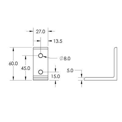 40-523-1 MODULAR SOLUTIONS ANGLE BRACKET 60MM TALL X 30MM WIDE W/ HARDWARE